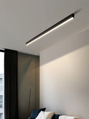 Modern style long LED ceiling light fixture with black finish, mounted on the ceiling in an interior setting, illuminating the space over a sofa with a bright light.