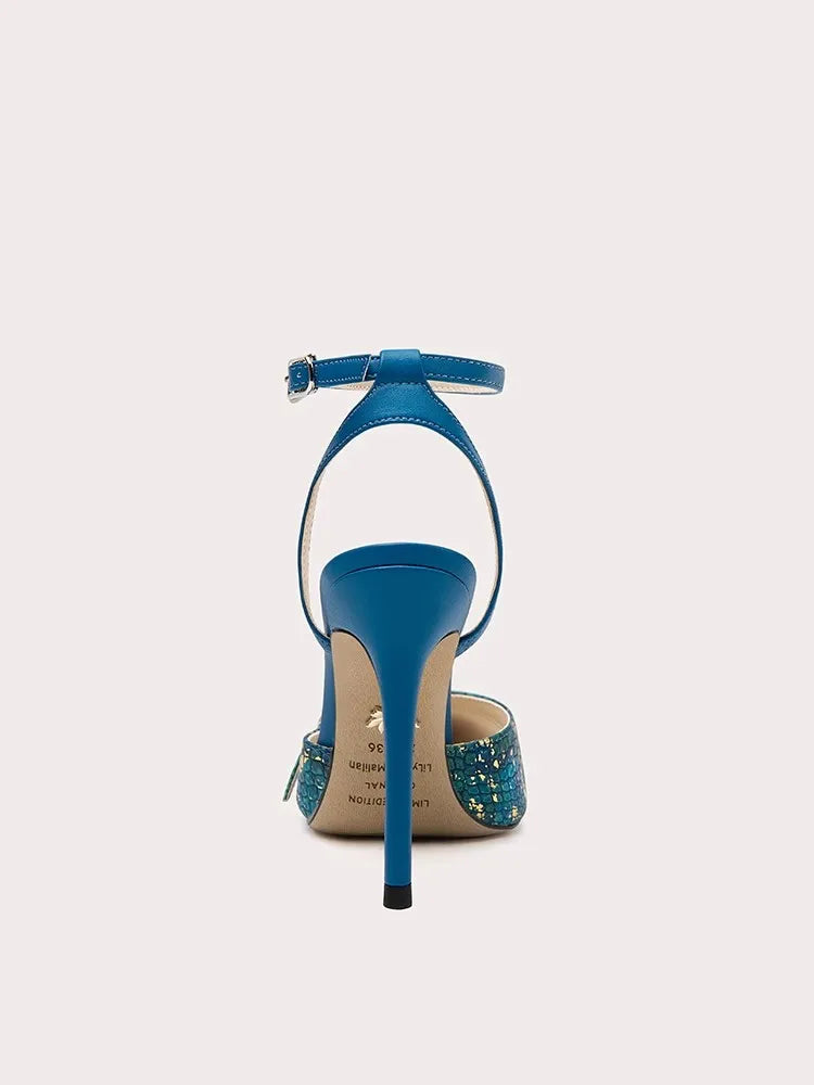 Blue fish-inspired summer sandals with ankle buckle