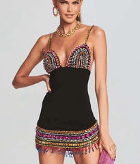 Luxury sheath mini dress with V-neck and spaghetti straps
