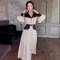 V-neck black white dot midi dress ideal for professional days and garden parties