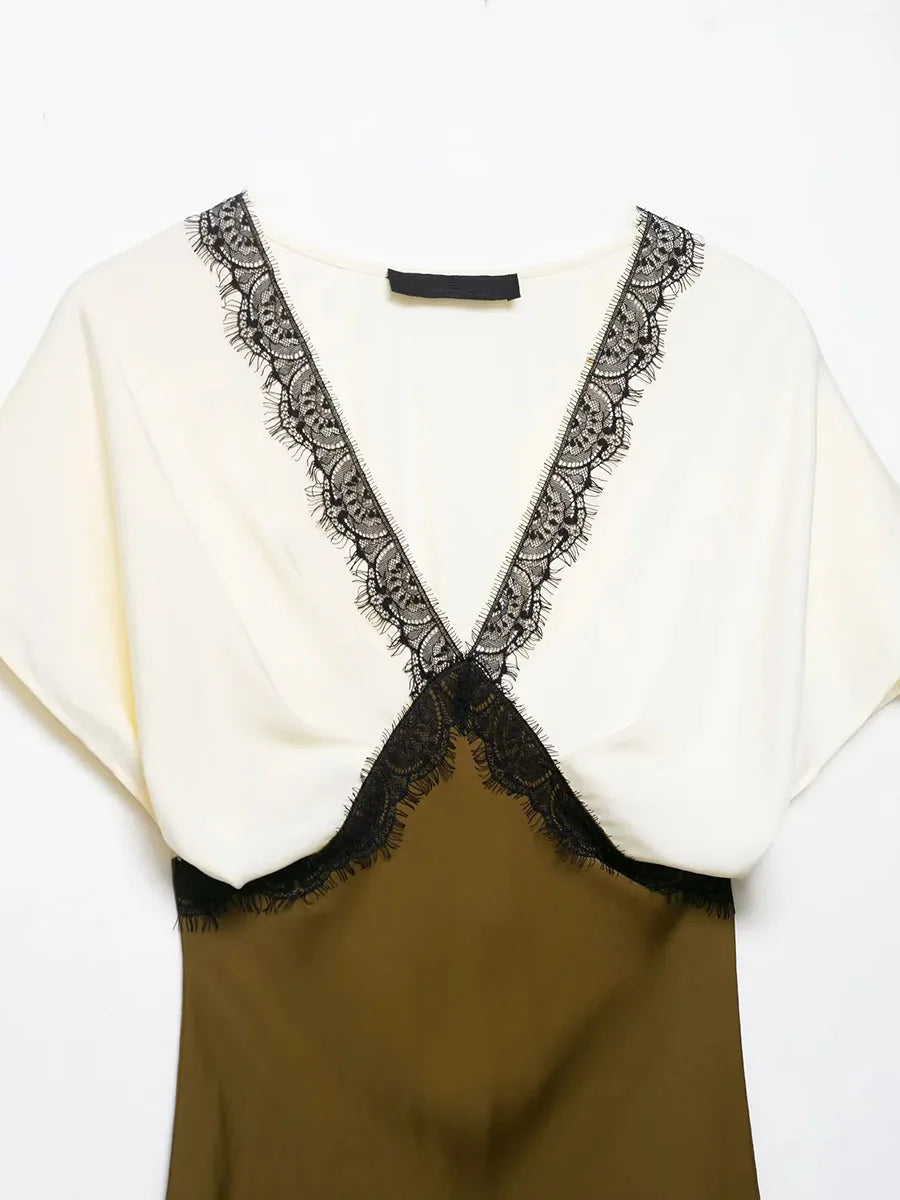 V-neck lace trim midi dress ideal for gallery events and quiet luxury fashion