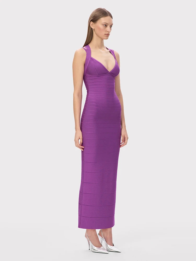 V-neck purple bandage maxi dress for curve-flattering night out style