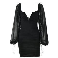 V-neck ruched bodycon mini dress in black for girls night out