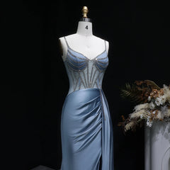 Satin gown with V-neckline, beading detail, and sculpted side draping