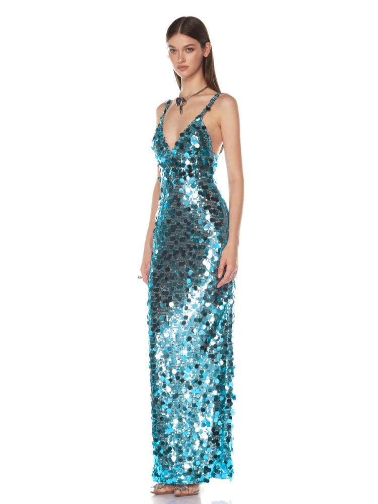 Full-length view of the blue sequin maxi dress showing the slim sheath silhouette and ankle-length hem.