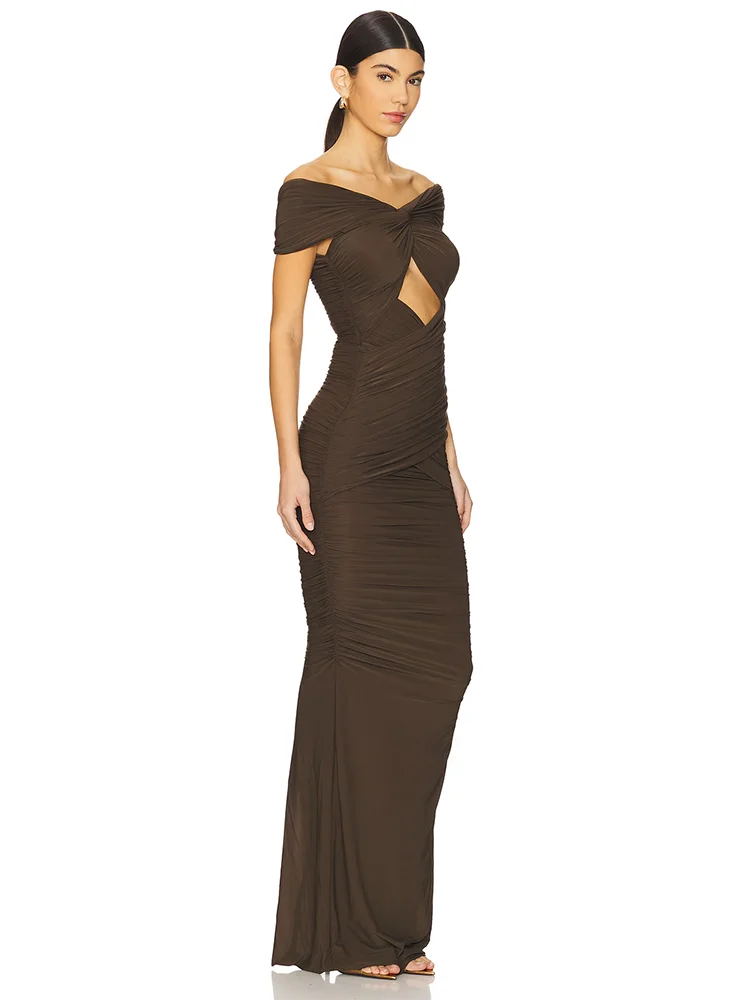  Woman wearing a V-neck sheath party gown in brown for chic celebrations on a white background