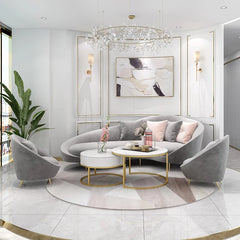 Curved velvet corner sofa with matching armchairs