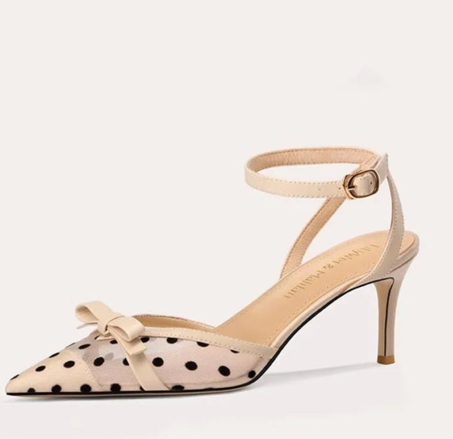 Velvet dot pointed toe heels for parties and celebrations