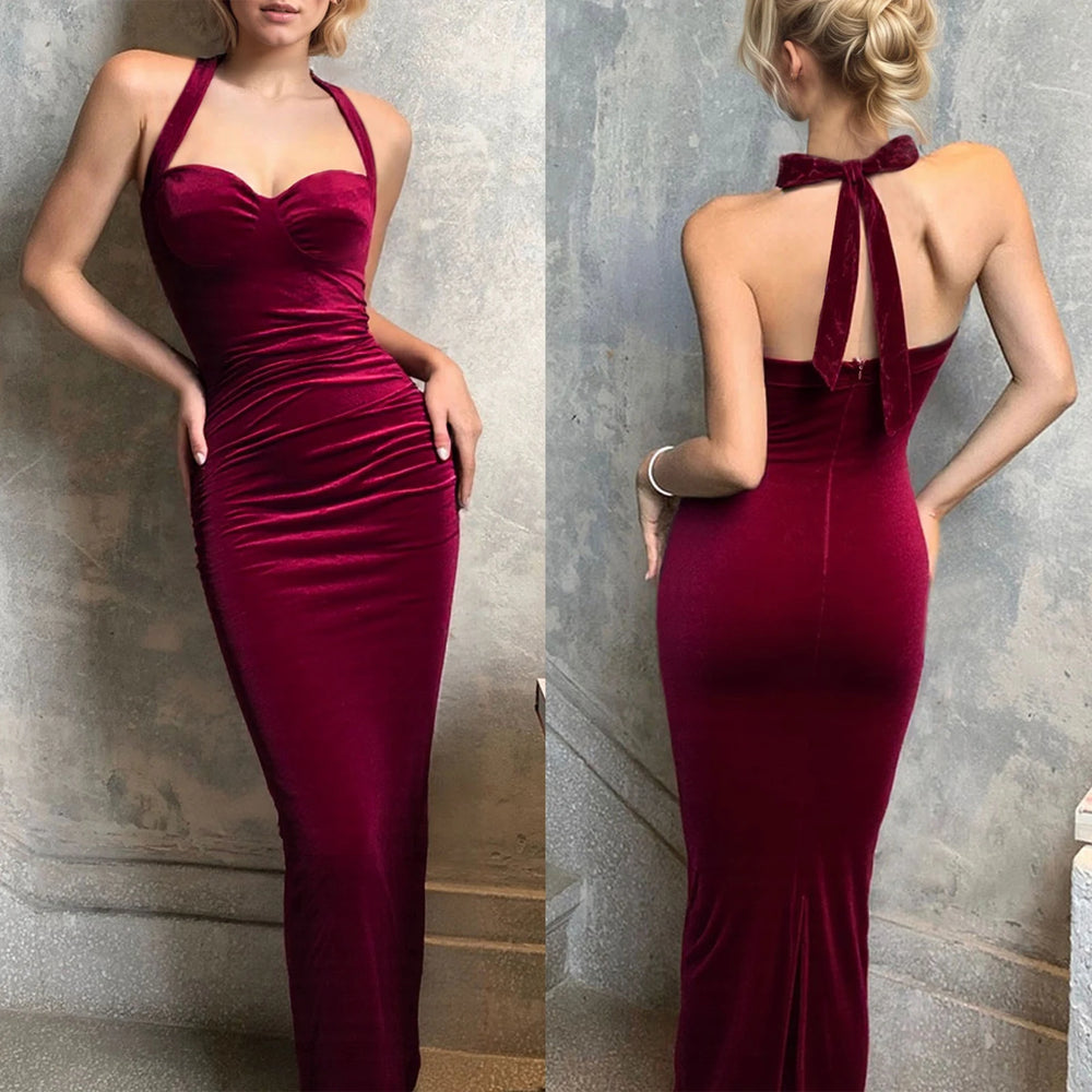 Velvet halter tie evening dress in burgundy for luxury formalwear