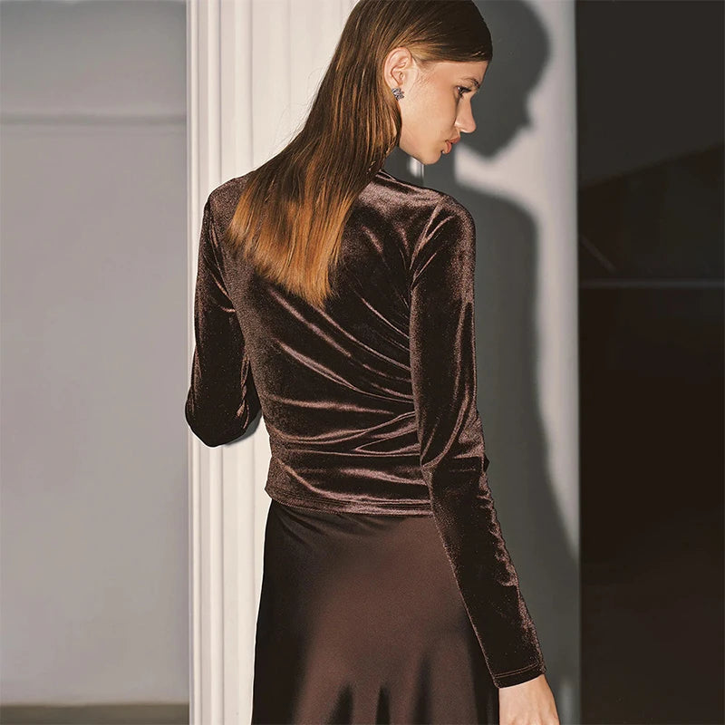 Brown long sleeve top with lace neckline and smooth sheen finish