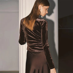 Brown long sleeve top with lace neckline and smooth sheen finish