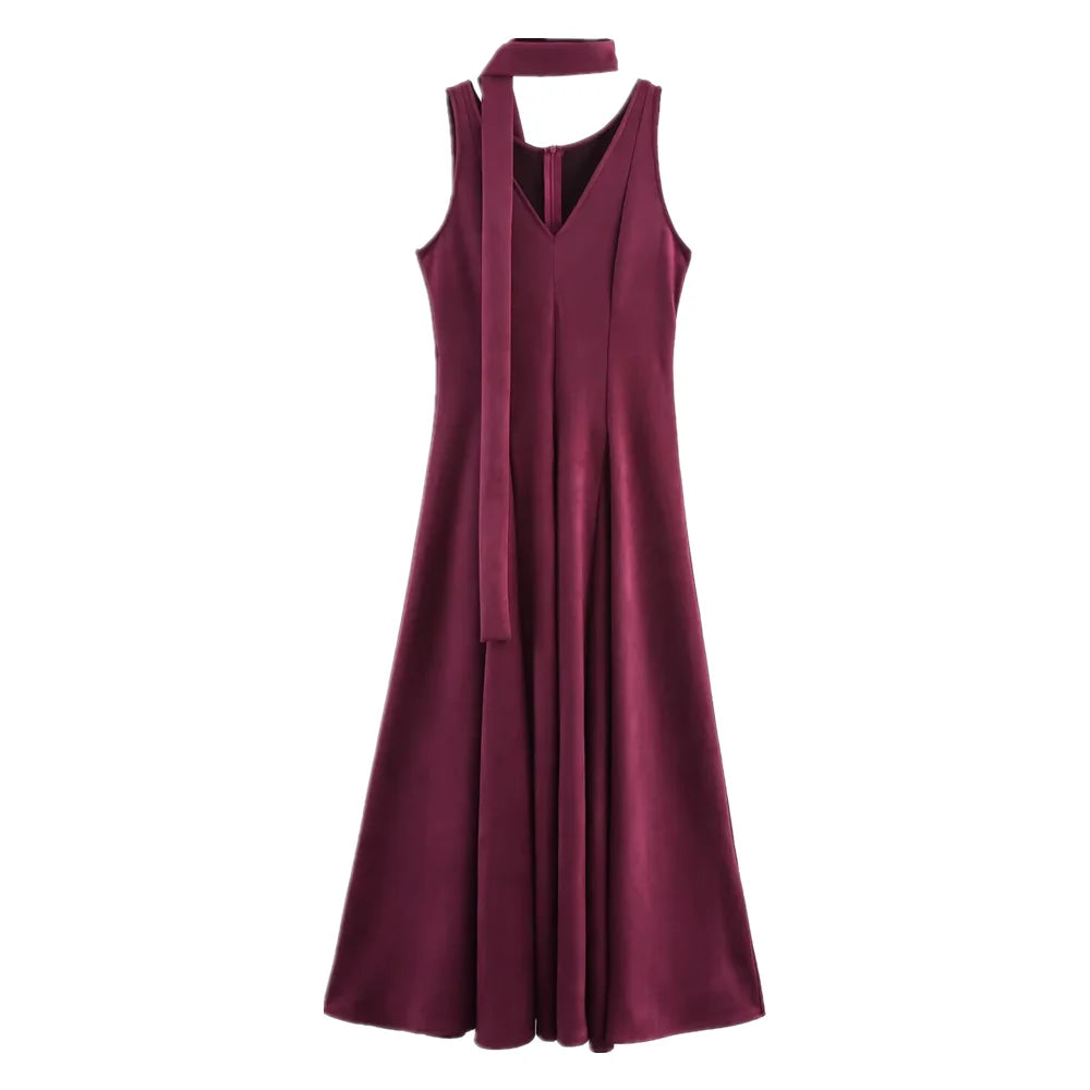 Velvet scarf neck midi dress designed for elegant evening events