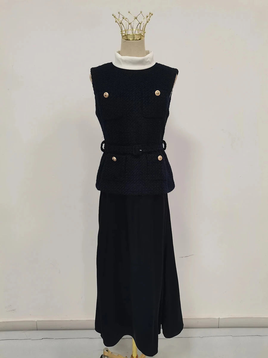Versatile navy business outfit with sleeveless top and pockets
