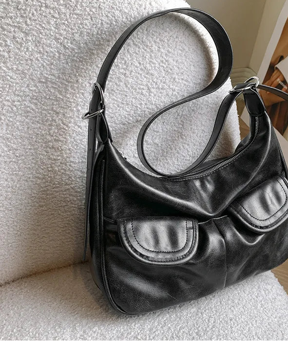 Vintage black PU leather moto shoulder bag with pockets