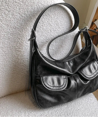 Vintage black PU leather moto shoulder bag with pockets