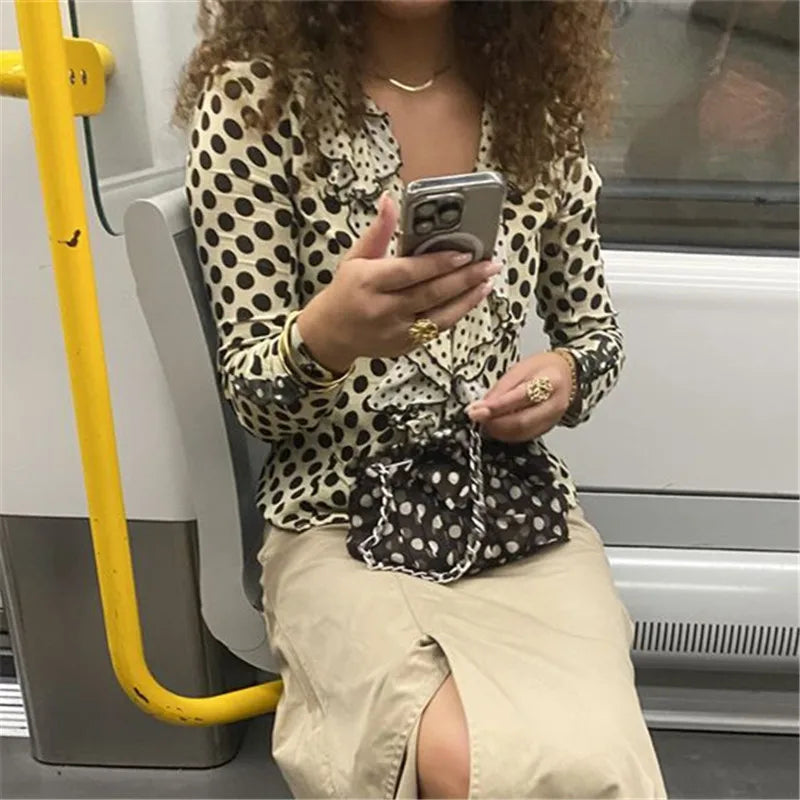 Dotted vintage ruffle front blouse with turn-down collar