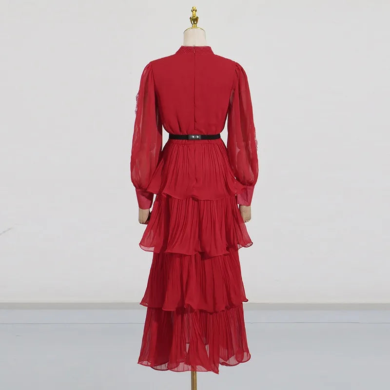 Vintage inspired red statement dress with ruffles and lace for elegant events