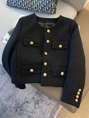 Vintage slim O-neck black jacket styled for modern women