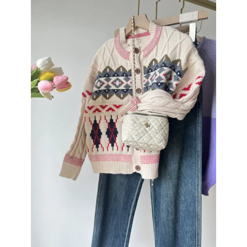 Vintage-inspired stripe knit cardigan for cozy classroom style
