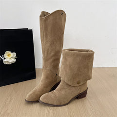 Vintage suede knee high boots with low square heel