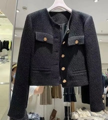 Vintage-inspired women’s wool blend jacket in black tweed