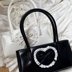 Structured black and white Y2K lace handbag

