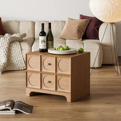 “Light walnut bedside cabinet styled with lamp and decor”

