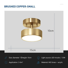 Modern round LED ceiling light with a copper finish and a warm glow, with dimensions and specifications, brushed copper - small.