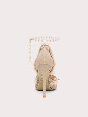 Wedding and evening champagne floral heels with pearl ankle strap