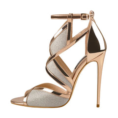 Sparkling gold evening sandals with thin high heel