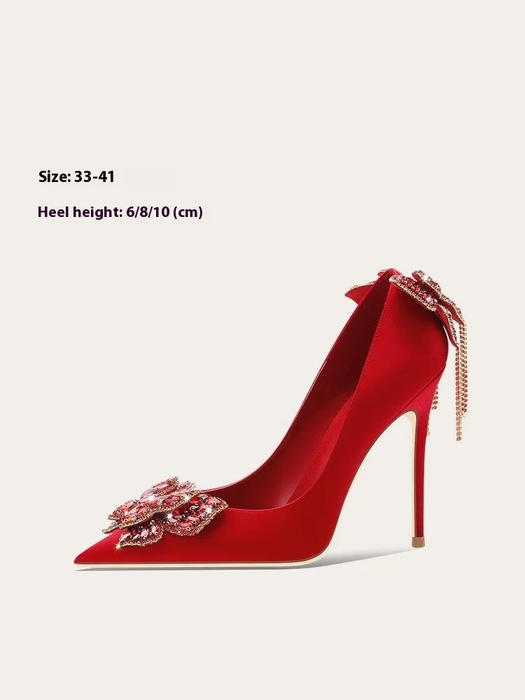 Wedding red crystal embellished shoes for women