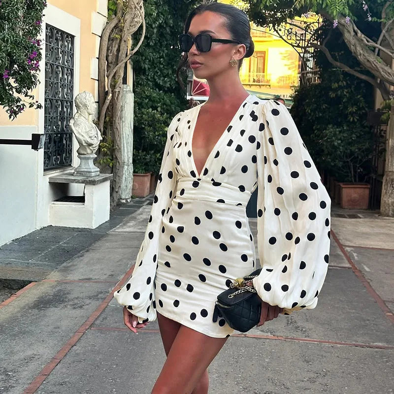 Black on white dot print mini dress styled for city daywear