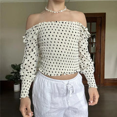 White and black polka dot top in high street edit for TikTok fall fashion