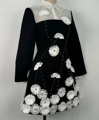 White collar black mini flower dress for modern day-to-night events