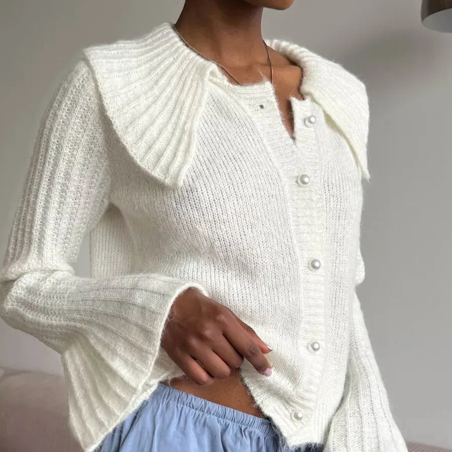 White doll collar knit cardigan styled for autumn layering