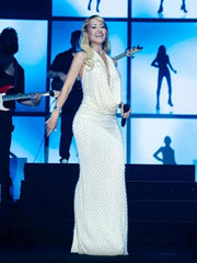 Close-up of the halter neckline folds, showing the soft drape and clean edge finishing across the chest for an elegant evening look.