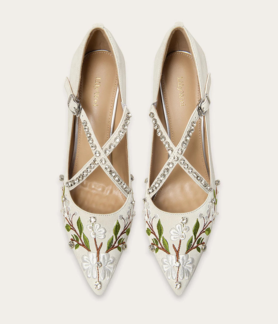 White embroidered floral crystal heels designed for bridal events