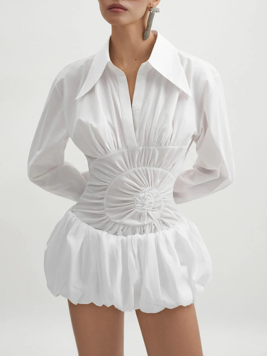 White mini dress with sculpted flower-bud waist