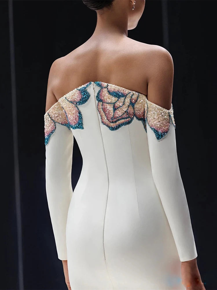 White evening dress with slim floor-length fit