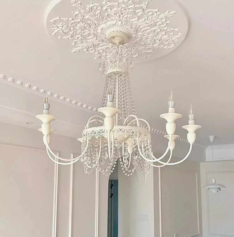White French crystal chandelier sparkling in a modern farmhouse living room
