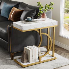 “White and gold C-shaped side table with narrow modern design”

