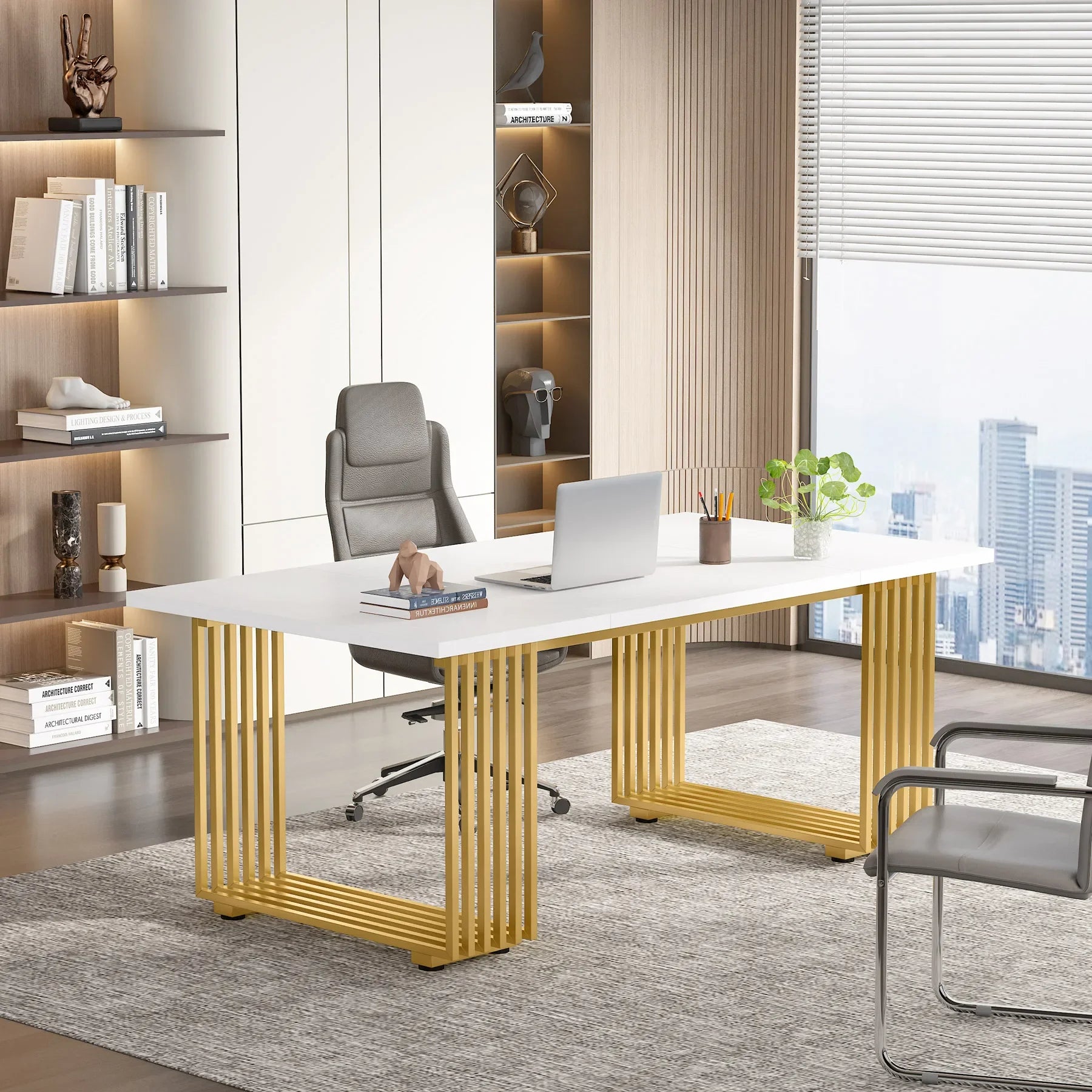 white executive desk with gold legs in modern office setup
