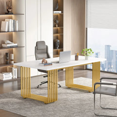 white executive desk with gold legs in modern office setup
