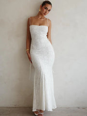 Summer backless floral lace gown with square neckline