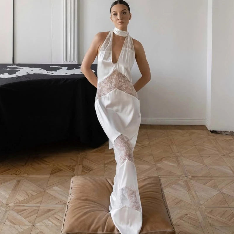 White lace halter evening gown with sheer panels for modern events

