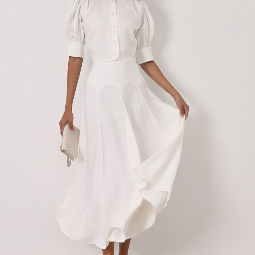 White lantern sleeve two-piece set for formal evenings and special occasions
