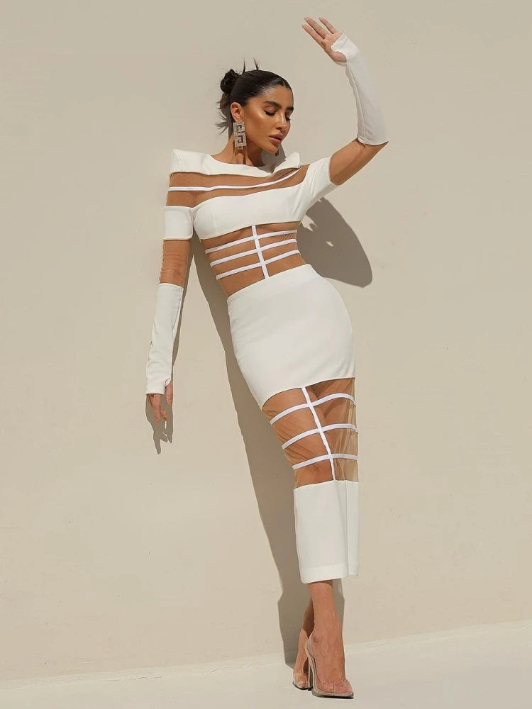 White mesh patchwork dress styled for summer evening parties