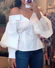 White off-shoulder blouse with lantern sleeves