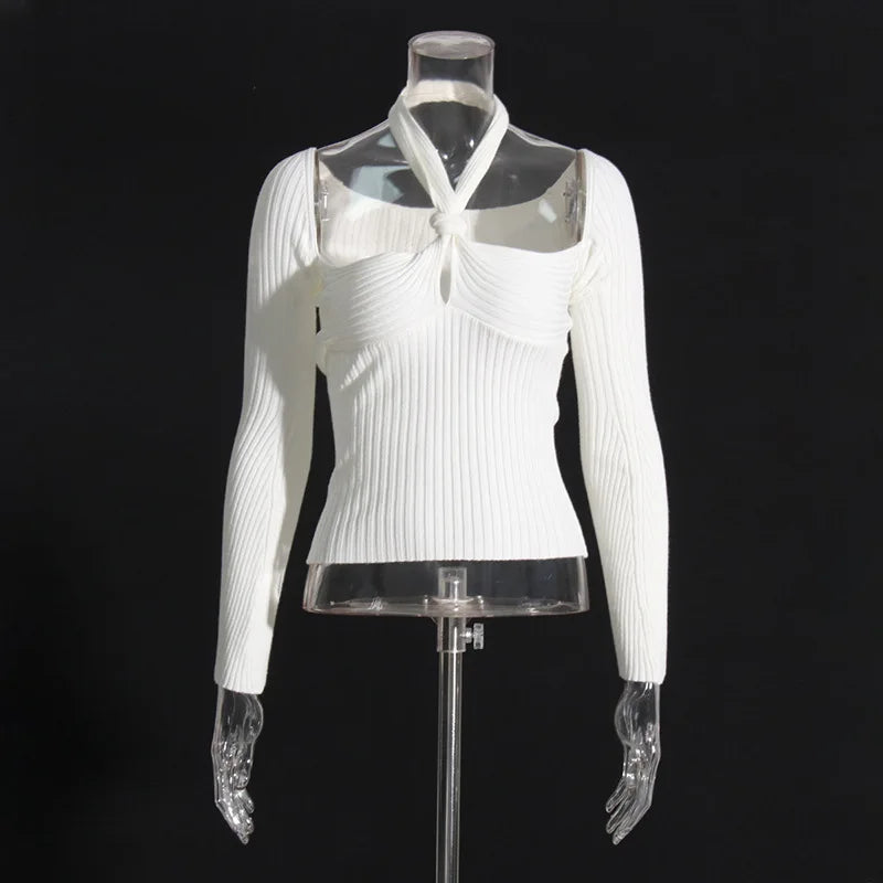 Close-up highlights the ribbed texture and keyhole cutout placement, creating a refined neckline detail that feels minimal and intentional.