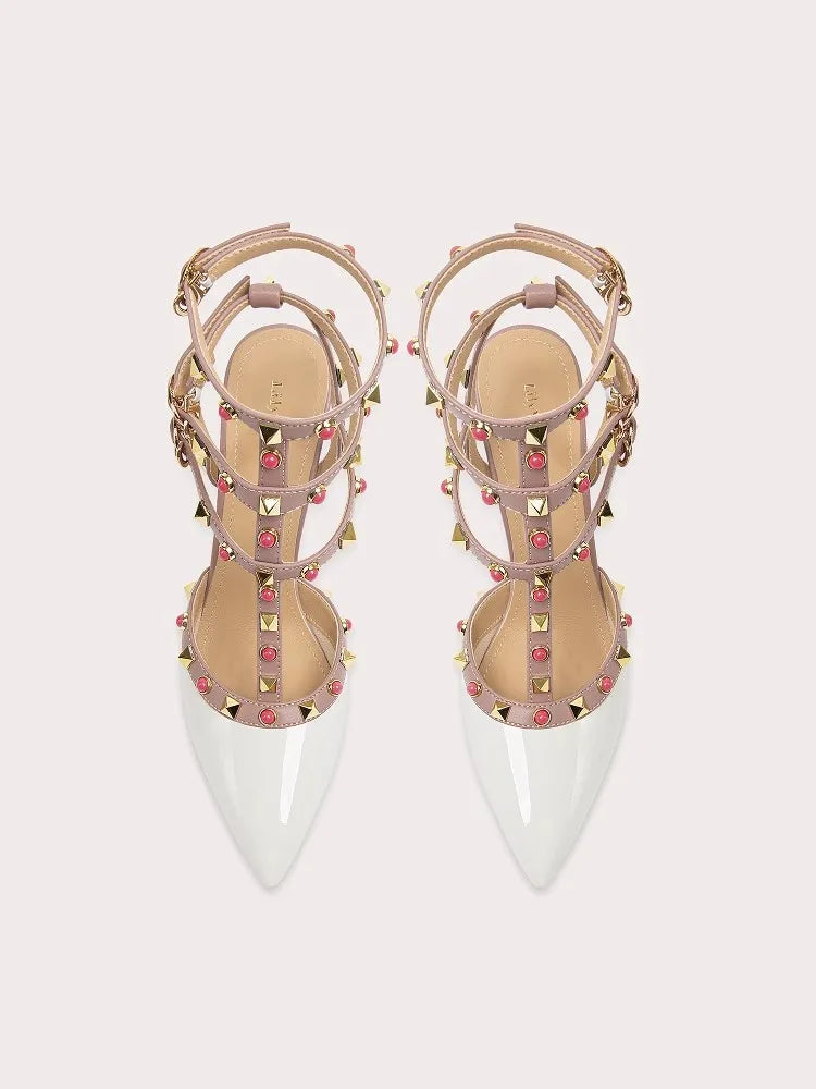 White studded strappy stiletto heels with patent toe and gold cage